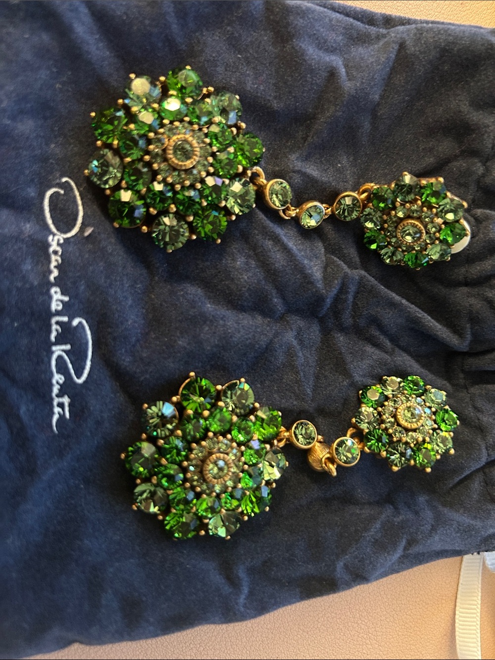 Oscar de la Renta Emerald Green Crystal Cluster Drop Earrings